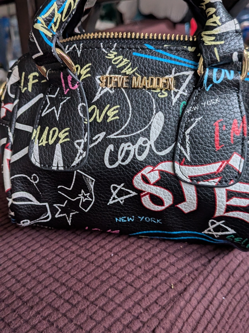 Steve Madden Black Graffiti Mini Satchel with Multicolor Script
